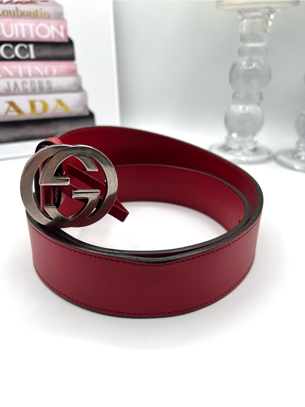 Gucci Red Leather Belt with Silver Double G Buckle